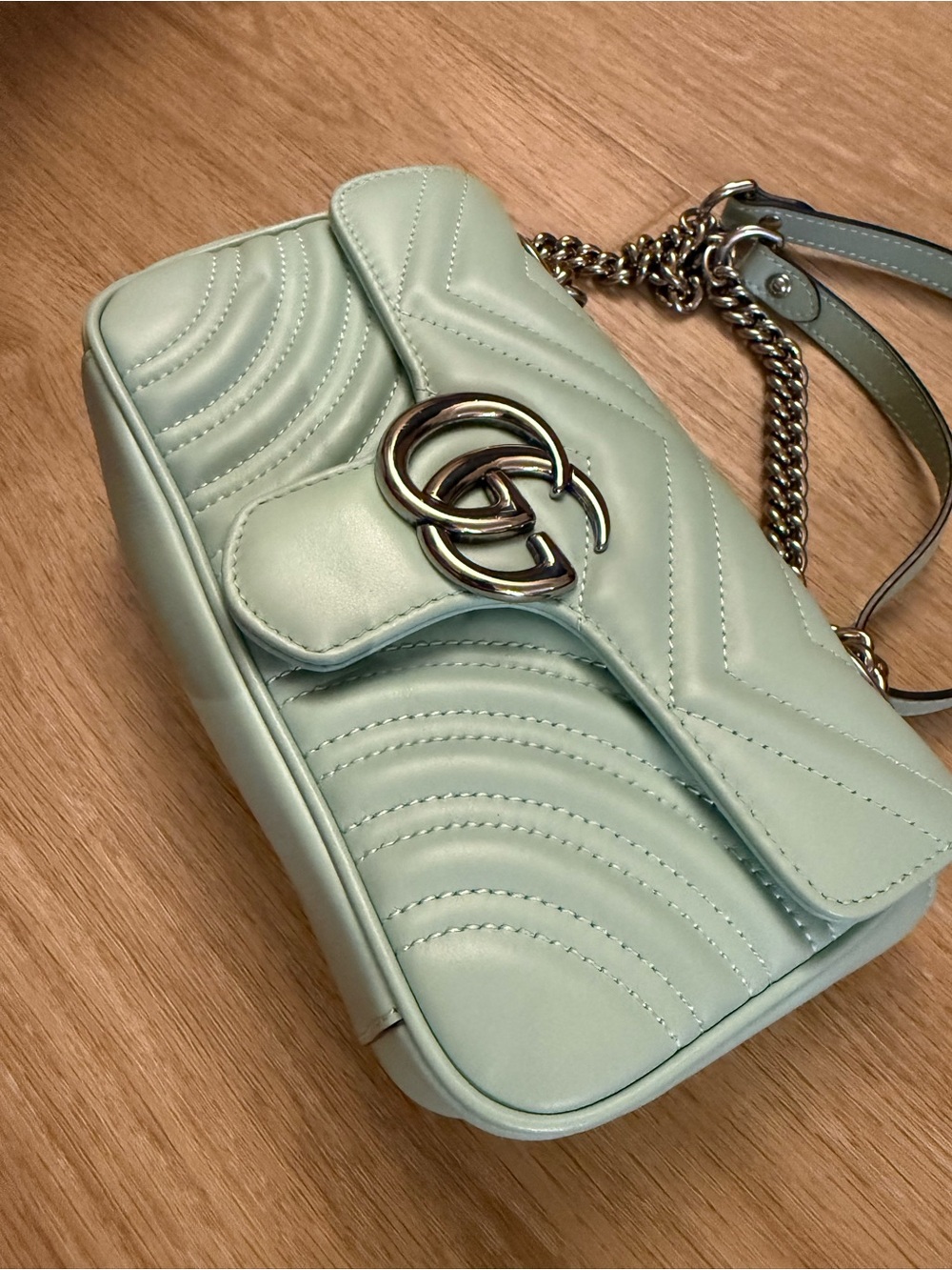 GG Marmont Mini 446744 Mint Green Leather Silver Hardware Shoulder Bag - Picture 2 of 11